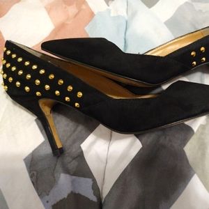 Zara Basic black suede gold studded heels (Size 7)